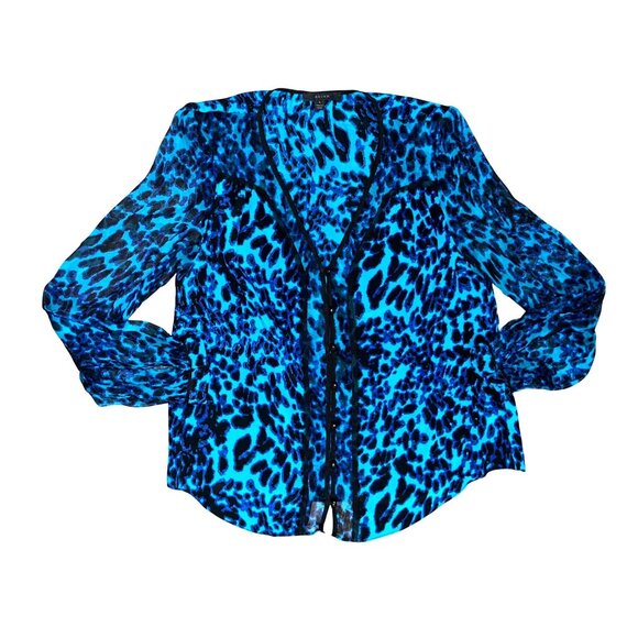 Arynk Large Blue Black Mulberry Silk Sheer Leopard Animal Print Blouse City Styl - Picture 11 of 11